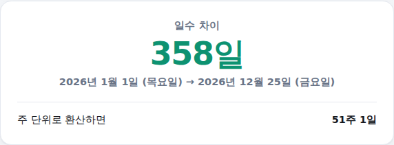 두 날짜 사이 일수 계산 결과 화면