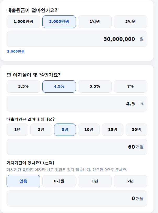 대출원금, 이자율, 대출기간, 거치기간 입력 화면