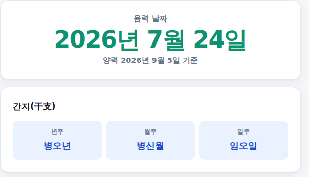 변환된 날짜와 간지 결과 화면