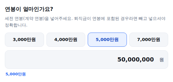 세전 연봉 입력 화면 — 빠른 선택 버튼과 직접 입력란